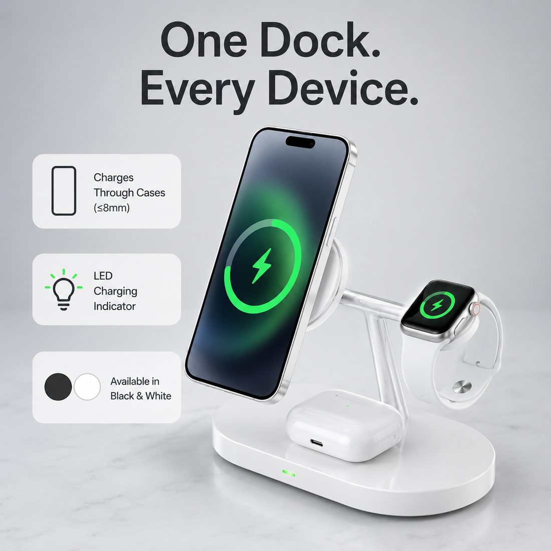 Multifunctional Wireless Charger UAE — 15W Fast Qi Charging Dock for Phone + Smartwatch | LED Indicator | CE FCC Certified | White & Black | Dubai Delivery