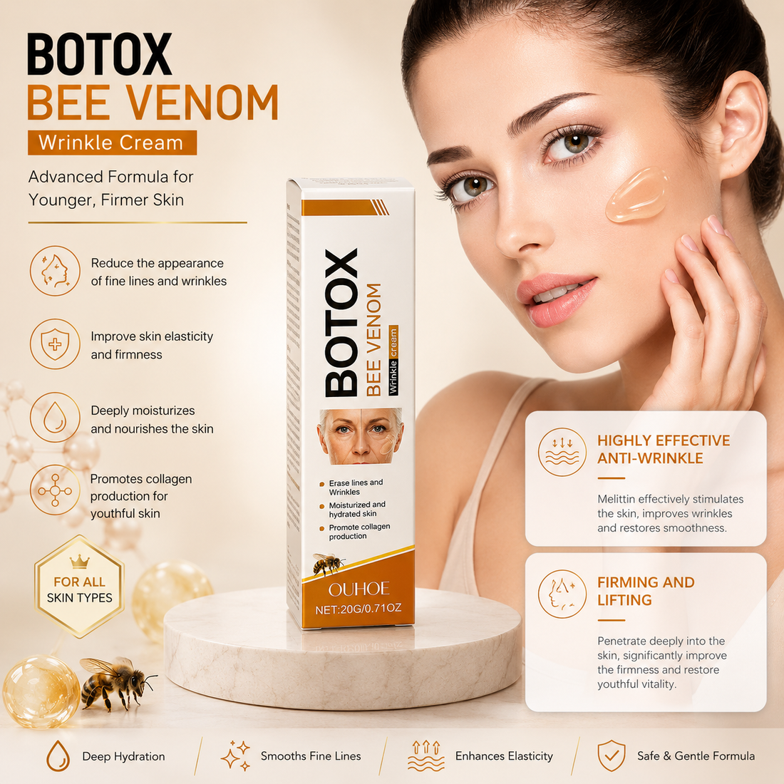 OUHOE Bee Venom Botox Wrinkle Cream 20g - Nature's Anti-Aging Solution - Collagen-Boosting Face Cream UAE