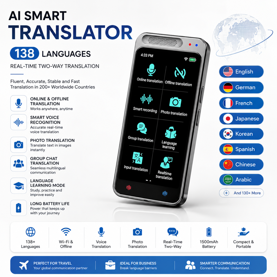 AI Voice Translator Device — 138 Languages, Real-Time Translation, Offline Mode, Photo & Voice Translation - Travel, Business & Education - UAE
