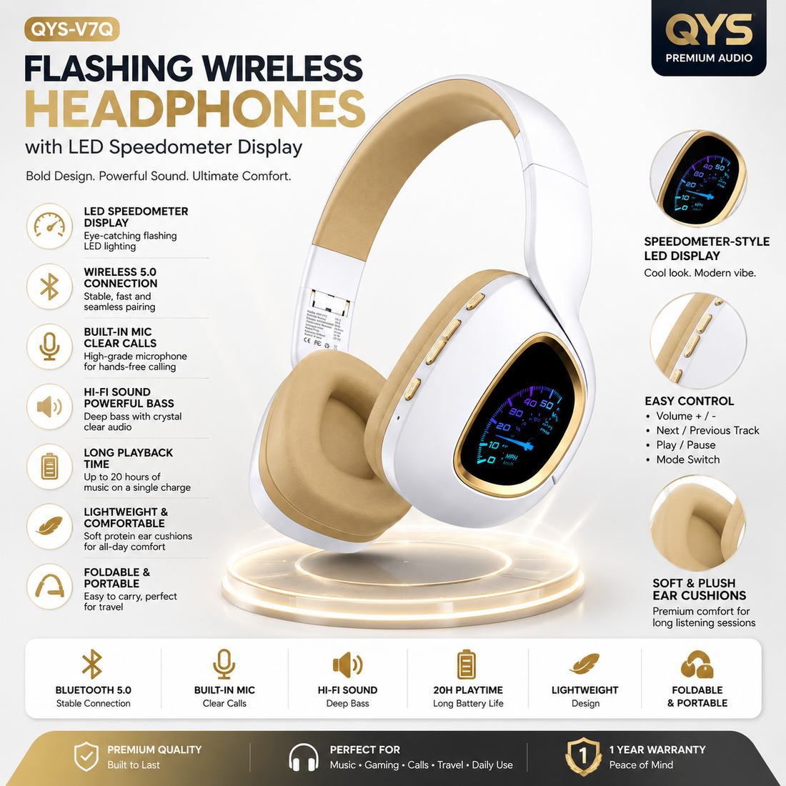 QYS-V7Q LED Flashing Wireless Headphones with Speedometer Display — Bluetooth Over-Ear Headset with Mic | Music, Gaming & Calls | UAE