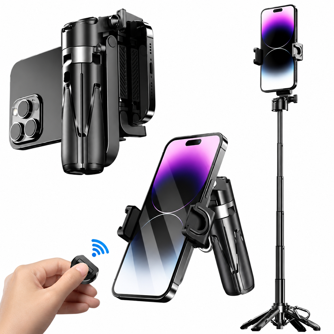 Mini Grip Quadripod with Bluetooth Remote UAE — Foldable Phone Tripod Stand for Selfies, Vlogging, TikTok & Live Streaming | iPhone & Samsung Compatible | Dubai Delivery