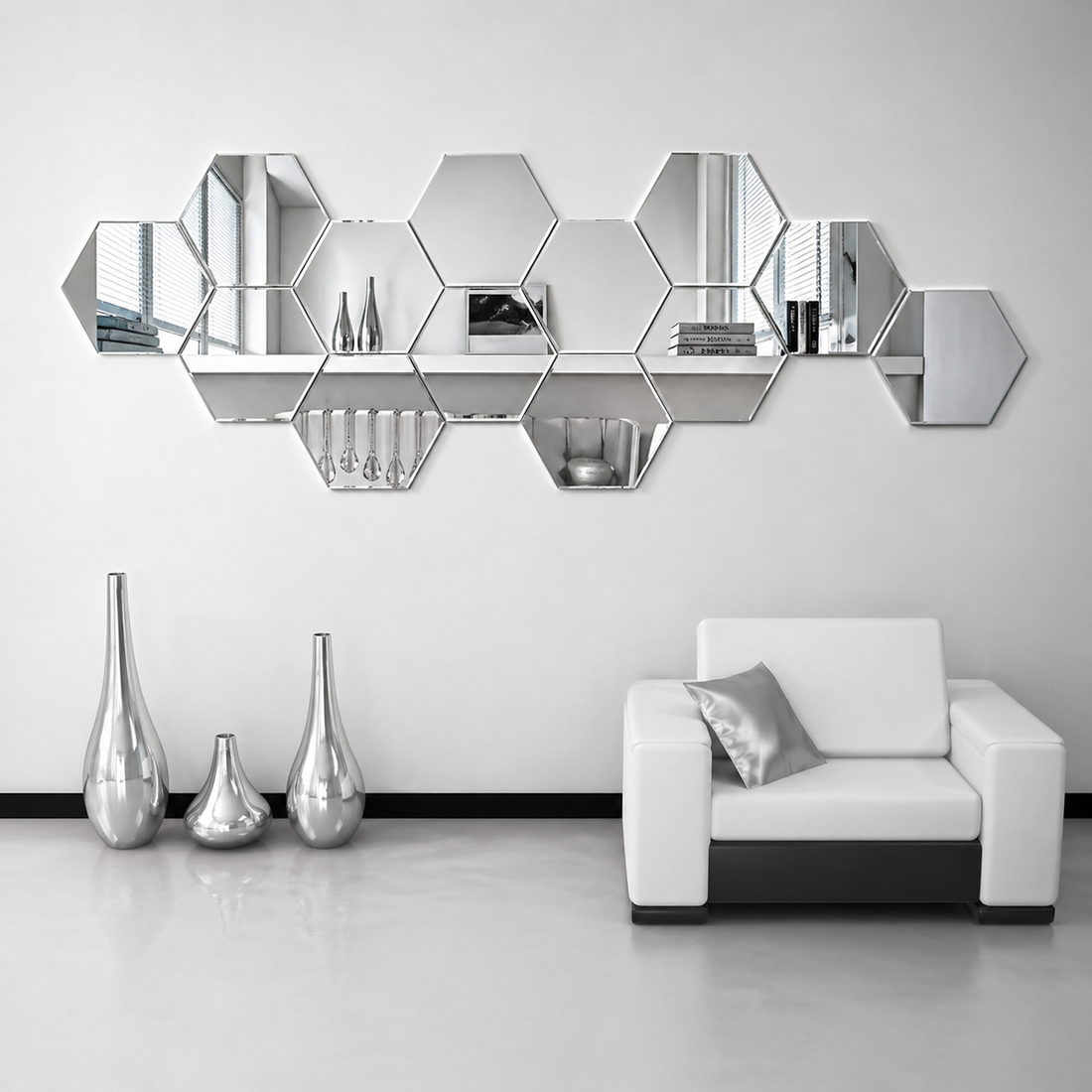 Hexagon Acrylic Mirror Wall Stickers – Set of 13 | 12 cm Geometric Mirror Tiles for Modern Home Décor