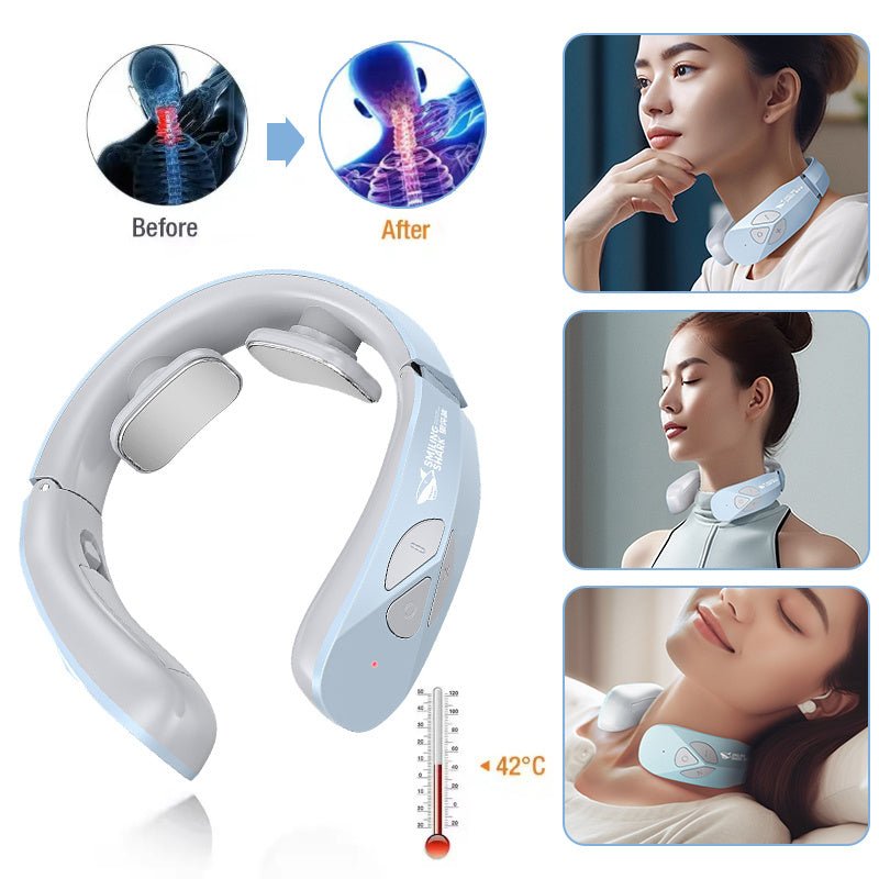 Electric Neck Massager EMS Pulse Rechargeable USB Cervical Traction Therapy Massage Stimulator Pain Relief Heating Function - Crown Cart