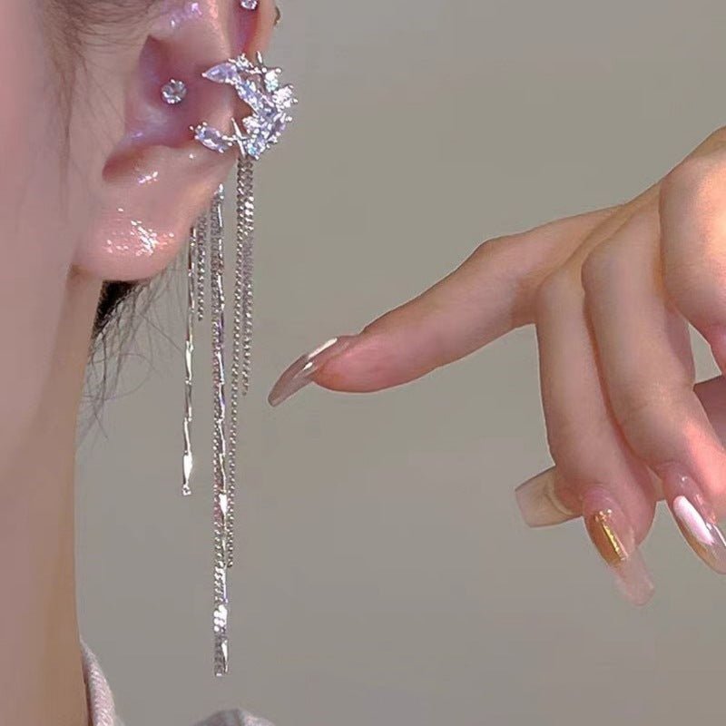 Fashion Elegant Zircon Awn Star Moon Tassel Non - piercing Ear Clip - Crown Cart