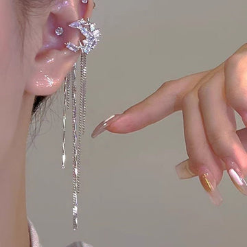 Fashion Elegant Zircon Awn Star Moon Tassel Non - piercing Ear Clip - Crown Cart