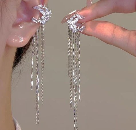 Fashion Elegant Zircon Awn Star Moon Tassel Non - piercing Ear Clip - Crown Cart