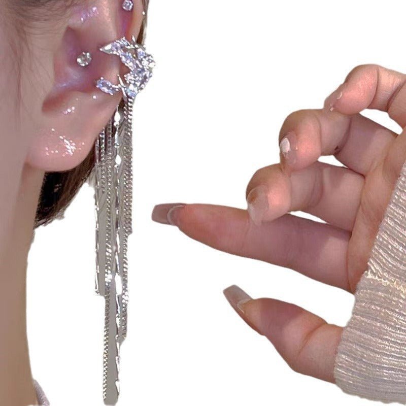 Fashion Elegant Zircon Awn Star Moon Tassel Non - piercing Ear Clip - Crown Cart