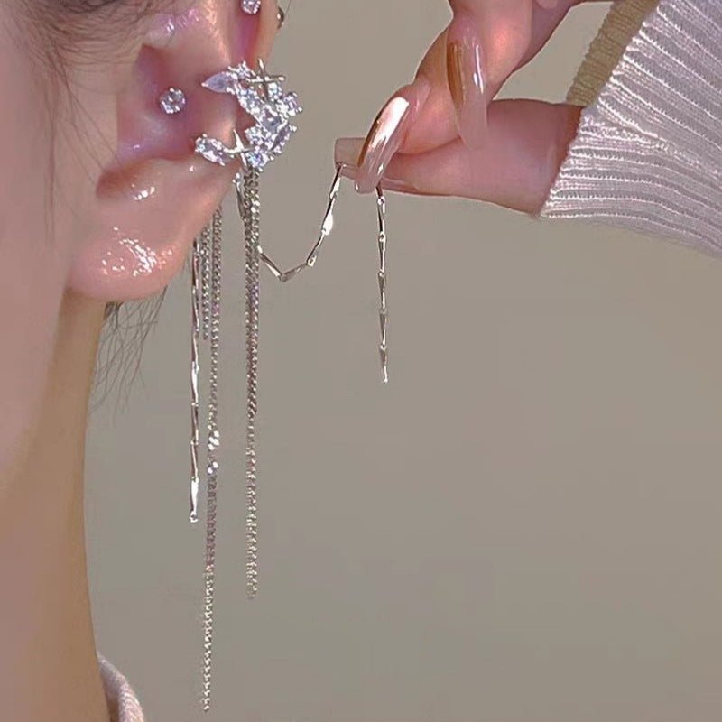 Fashion Elegant Zircon Awn Star Moon Tassel Non - piercing Ear Clip - Crown Cart
